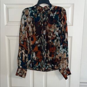 Calvin Klein Abstract Print Long-Sleeve Blouse - Multi Brown XL